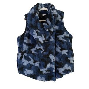 Susan Graver‎ Printed Sherpa Asymmetrical Snap Front Vest Indigo Blue Women's 1X